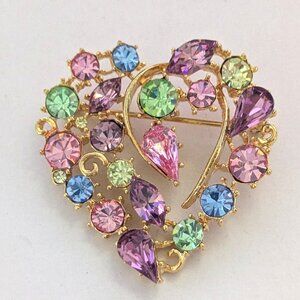 GRAZIANO Multi Color Rhinestone Gold Tone Heart Brooch Pin